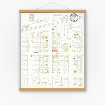 Old map wall art mockup — magnetic wood frame on white wall — Sanborn Fire Insurance Map from Hastings, Mills County, Iowa (1901) â€” Complete Set