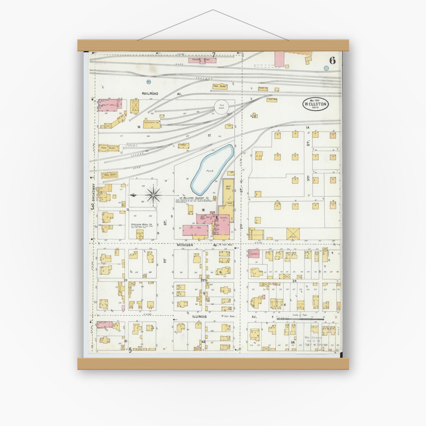 Old map wall art mockup — magnetic wood frame on white wall — Sanborn Fire Insurance Map from Wellston, Jackson County, Ohio (1904), Sheet #0006