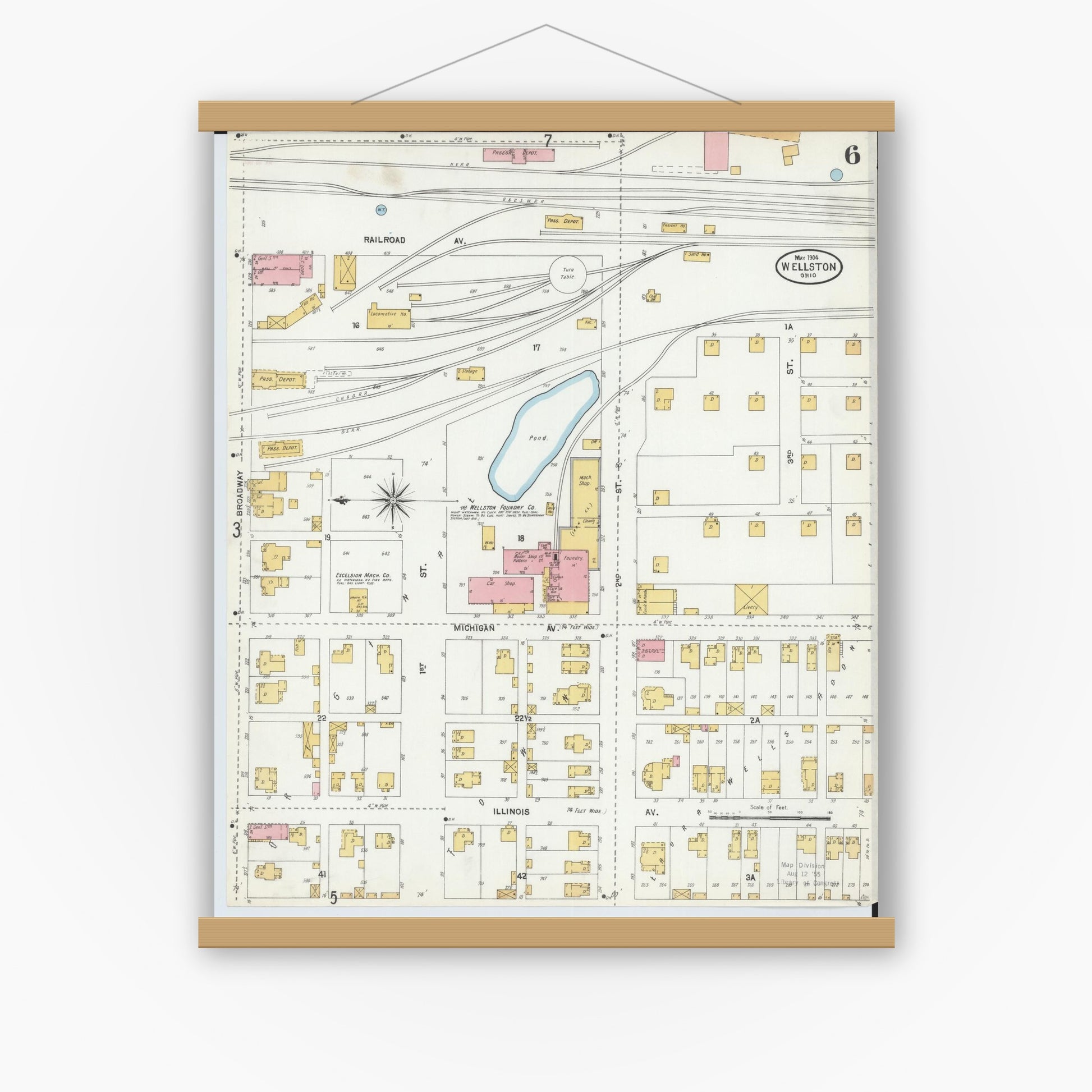 Old map wall art mockup — magnetic wood frame on white wall — Sanborn Fire Insurance Map from Wellston, Jackson County, Ohio (1904), Sheet #0006