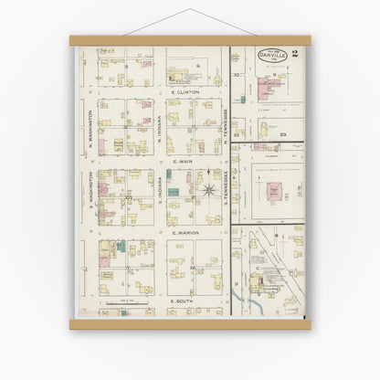 Old map wall art mockup — magnetic wood frame on white wall — Sanborn Fire Insurance Map from Danville, Hendricks County, Indiana (1886), Sheet #0002