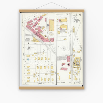 Old map wall art mockup — magnetic wood frame on white wall — Sanborn Fire Insurance Map from Warren, Trumbull County, Ohio (1908), Sheet #0004