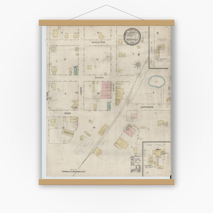 Old map wall art mockup — magnetic wood frame on white wall — Sanborn Fire Insurance Map from Daingerfield, Morris County, Texas (1892), Sheet #0001