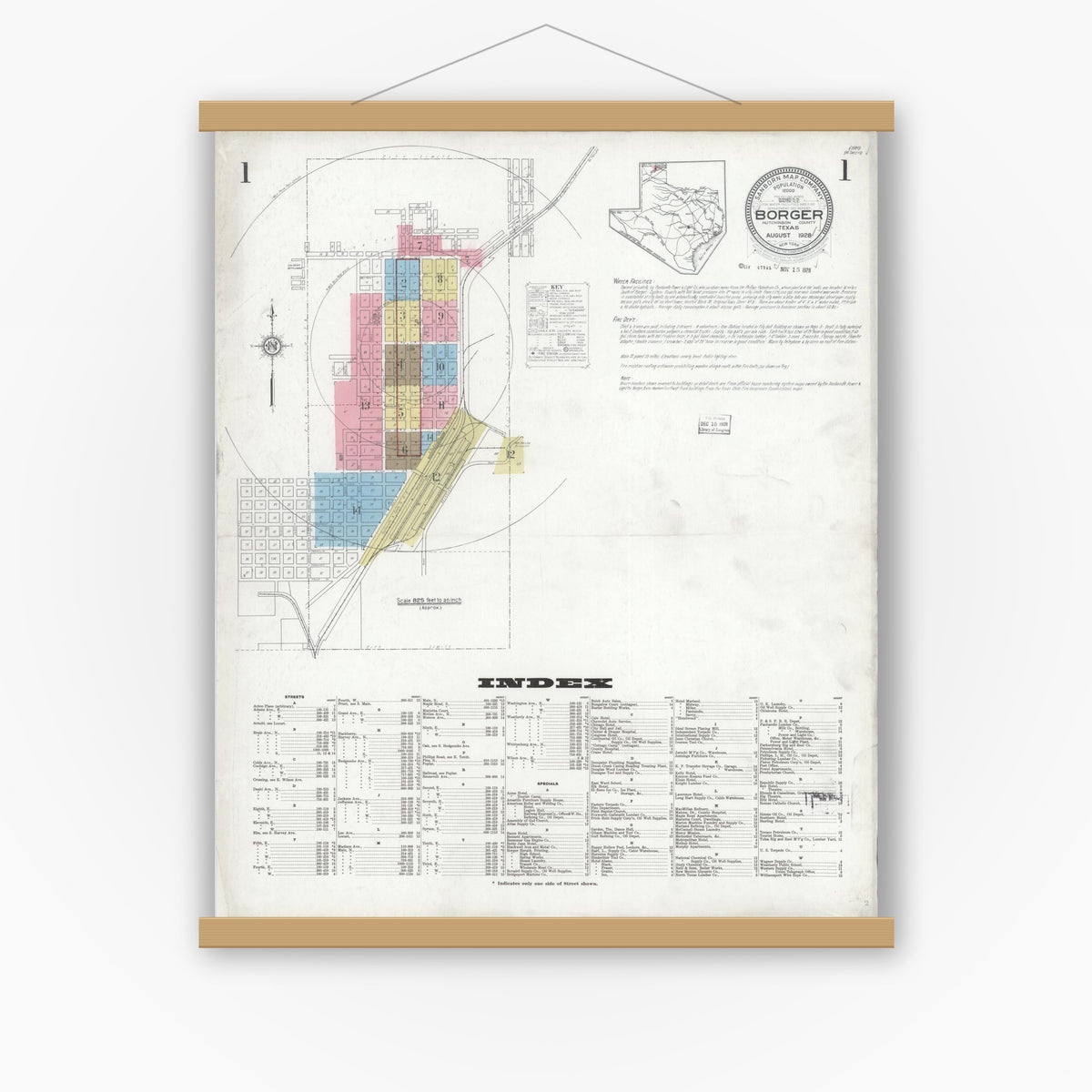 Old map wall art mockup — magnetic wood frame on white wall — Sanborn Fire Insurance Map from Borger, Hutchinson County, Texas (1928) - Complete Map Set