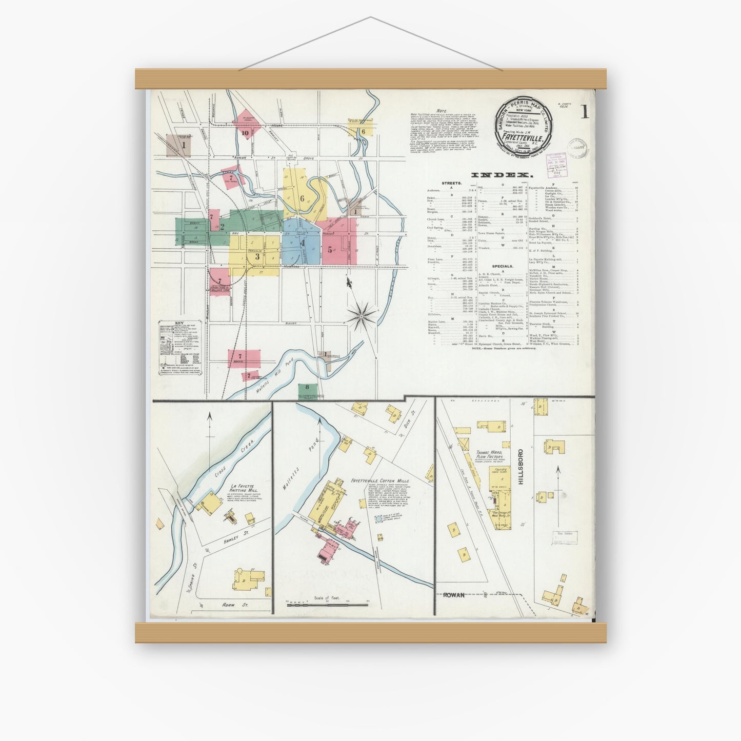 Old map wall art mockup — magnetic wood frame on white wall — Sanborn Fire Insurance Map from Fayetteville, Cumberland County, North Carolina (1901) - Complete Map Set