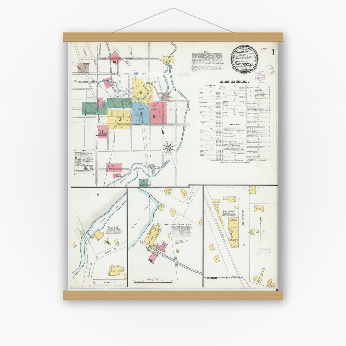 Old map wall art mockup — magnetic wood frame on white wall — Sanborn Fire Insurance Map from Fayetteville, Cumberland County, North Carolina (1901) - Complete Map Set