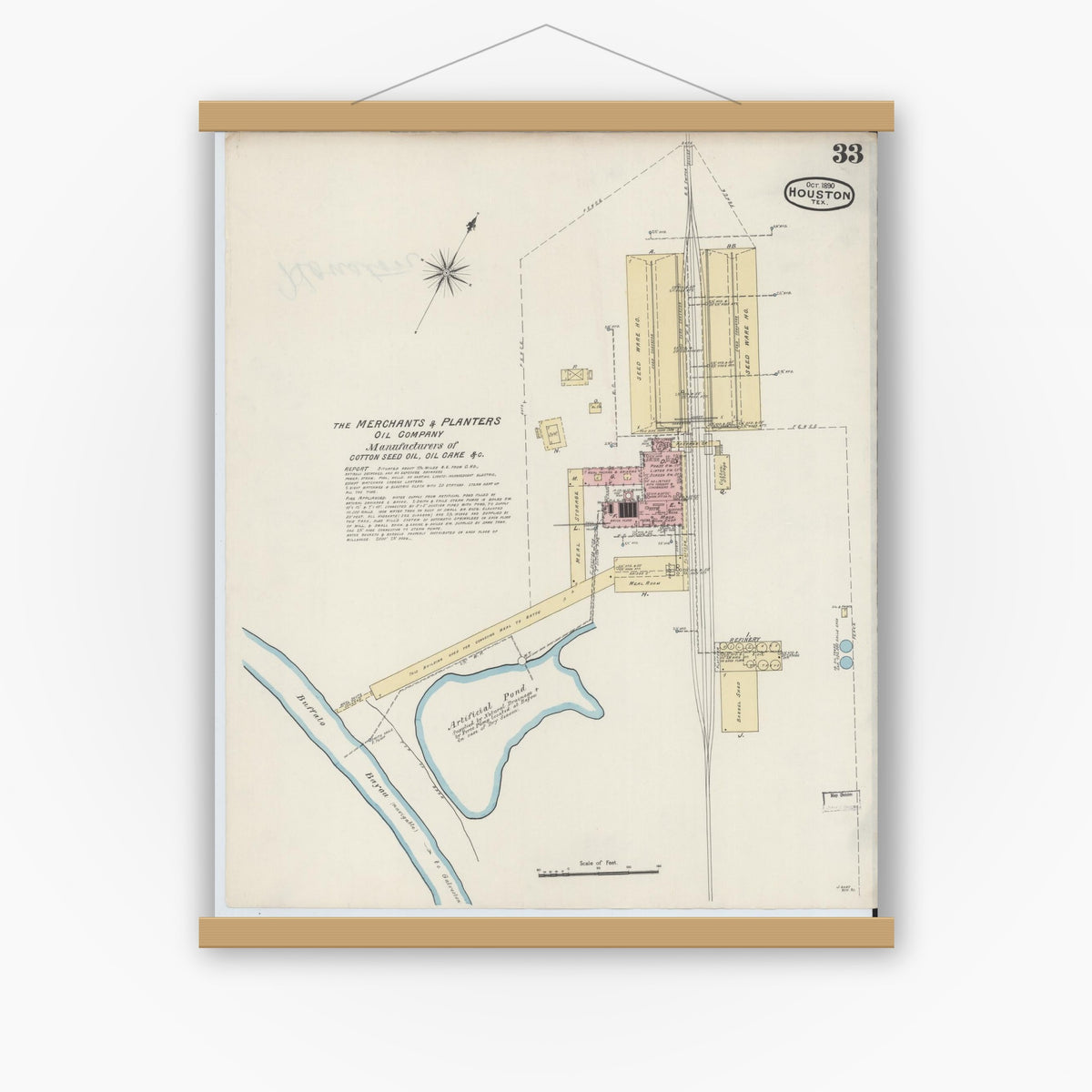 Old map wall art mockup — magnetic wood frame on white wall — Sanborn Fire Insurance Map from Houston, Harris County, Texas (1890), Sheet #0033