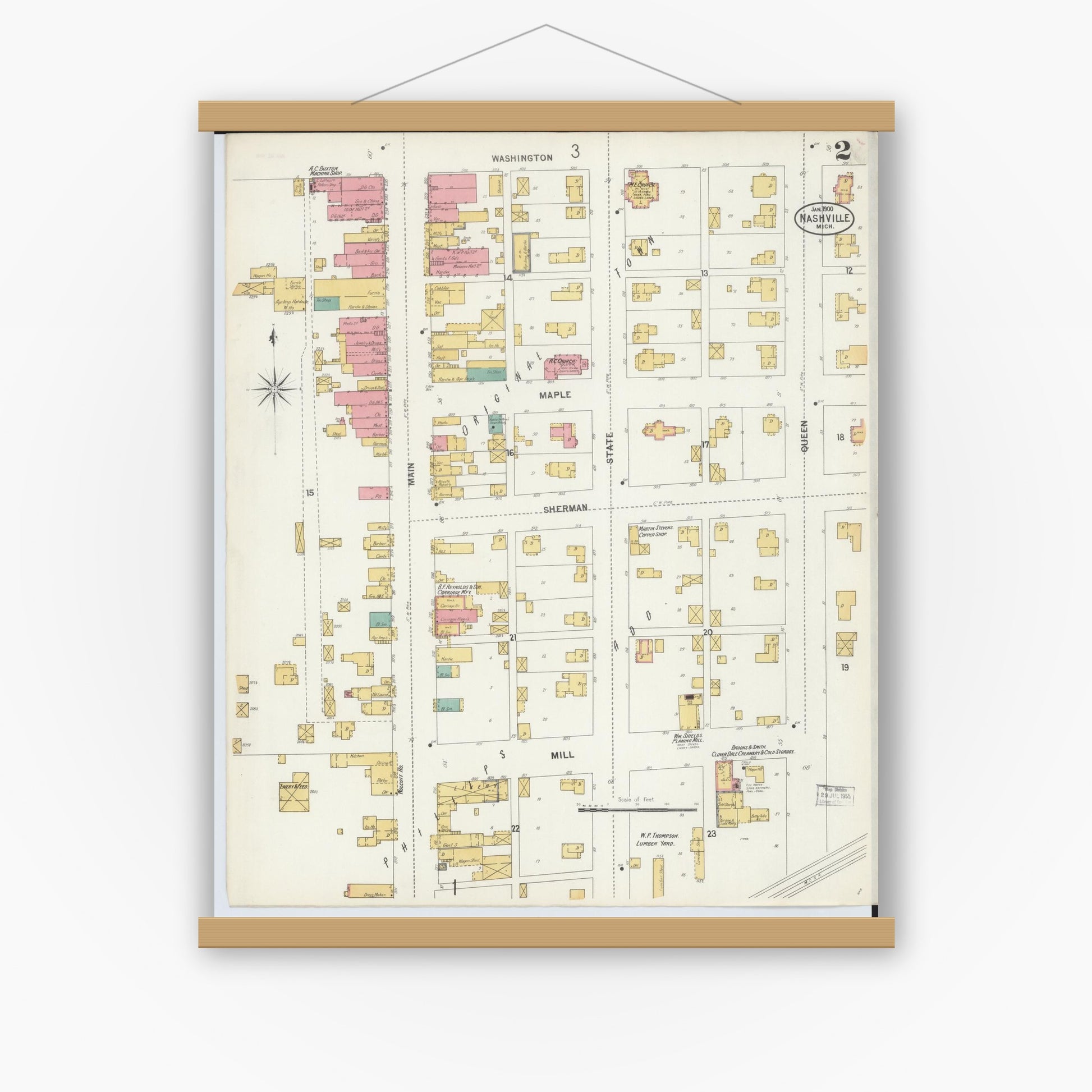 Old map wall art mockup — magnetic wood frame on white wall — Sanborn Fire Insurance Map from Nashville, Barry County, Michigan (1900), Sheet #0002