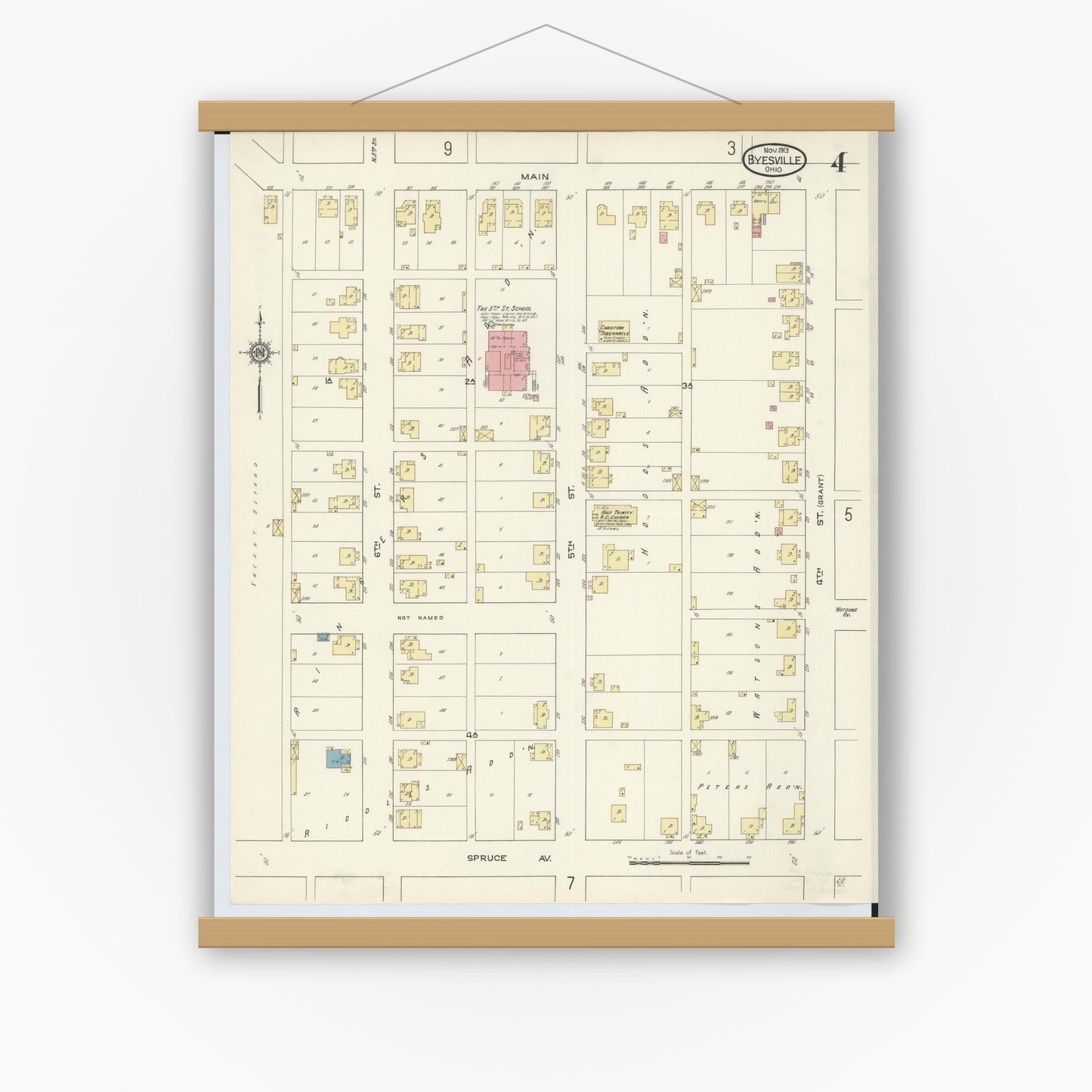 Old map wall art mockup — magnetic wood frame on white wall — Sanborn Fire Insurance Map from Byesville, Guernsey County, Ohio (1913), Sheet #0004