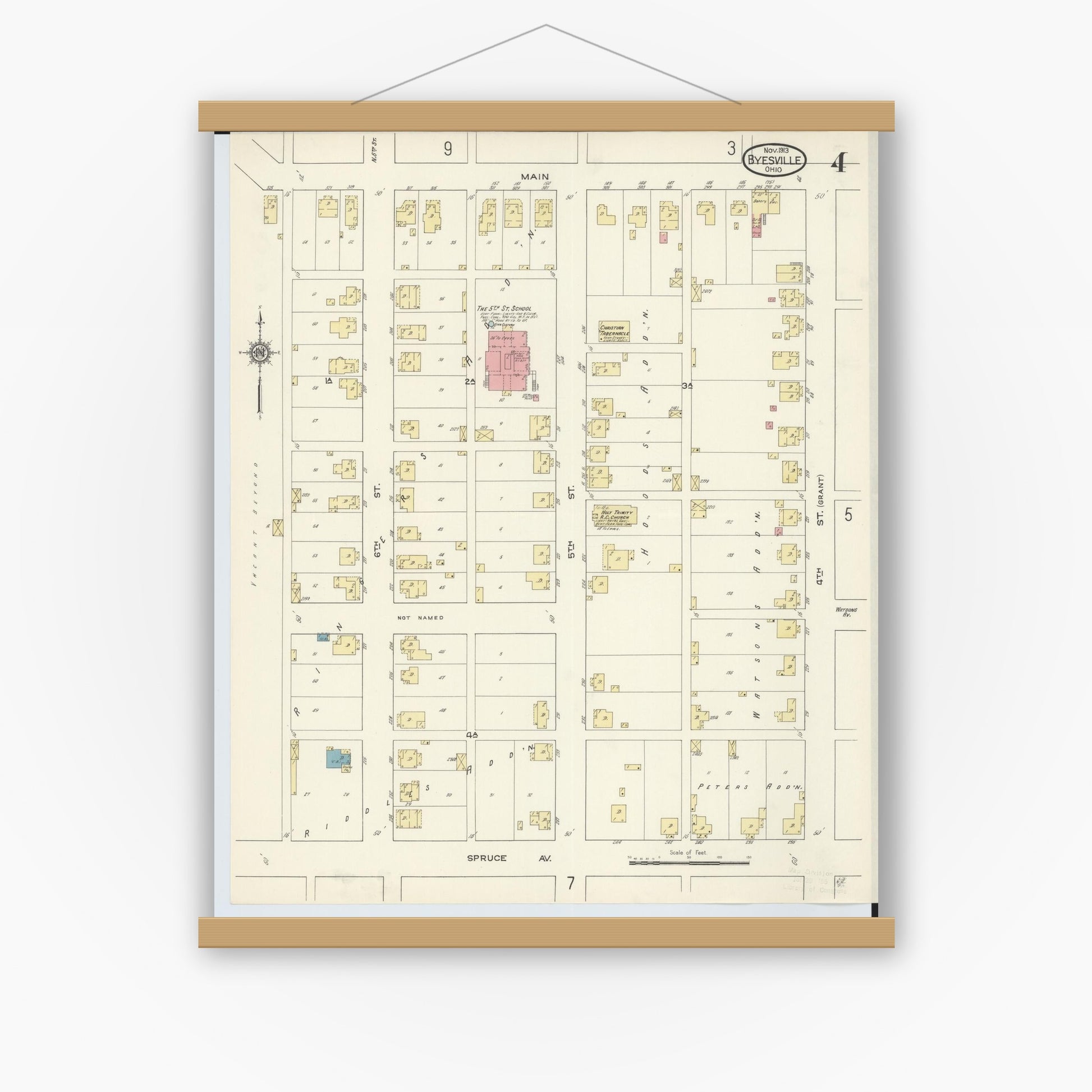 Old map wall art mockup — magnetic wood frame on white wall — Sanborn Fire Insurance Map from Byesville, Guernsey County, Ohio (1913), Sheet #0004