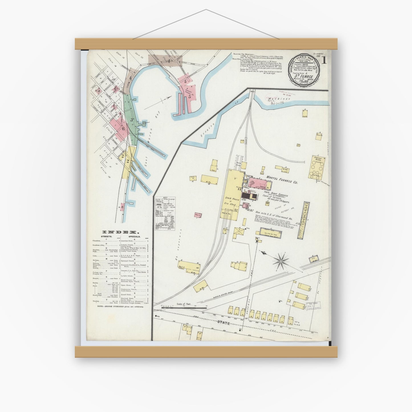 Old map wall art mockup — magnetic wood frame on white wall — Sanborn Fire Insurance Map from Saint Ignace, Mackinac County, Michigan (1896) - Complete Map Set