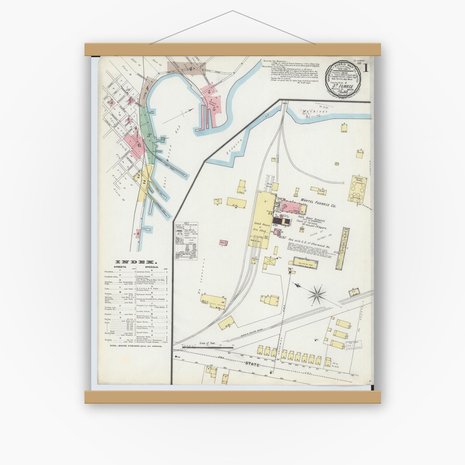 Old map wall art mockup — magnetic wood frame on white wall — Sanborn Fire Insurance Map from Saint Ignace, Mackinac County, Michigan (1896) - Complete Map Set