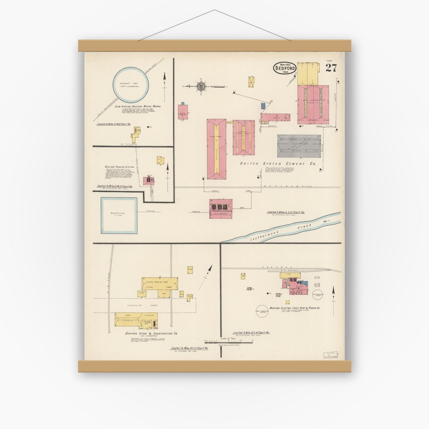 Old map wall art mockup — magnetic wood frame on white wall — Sanborn Fire Insurance Map from Bedford, Lawrence County, Indiana (1922), Sheet #0027