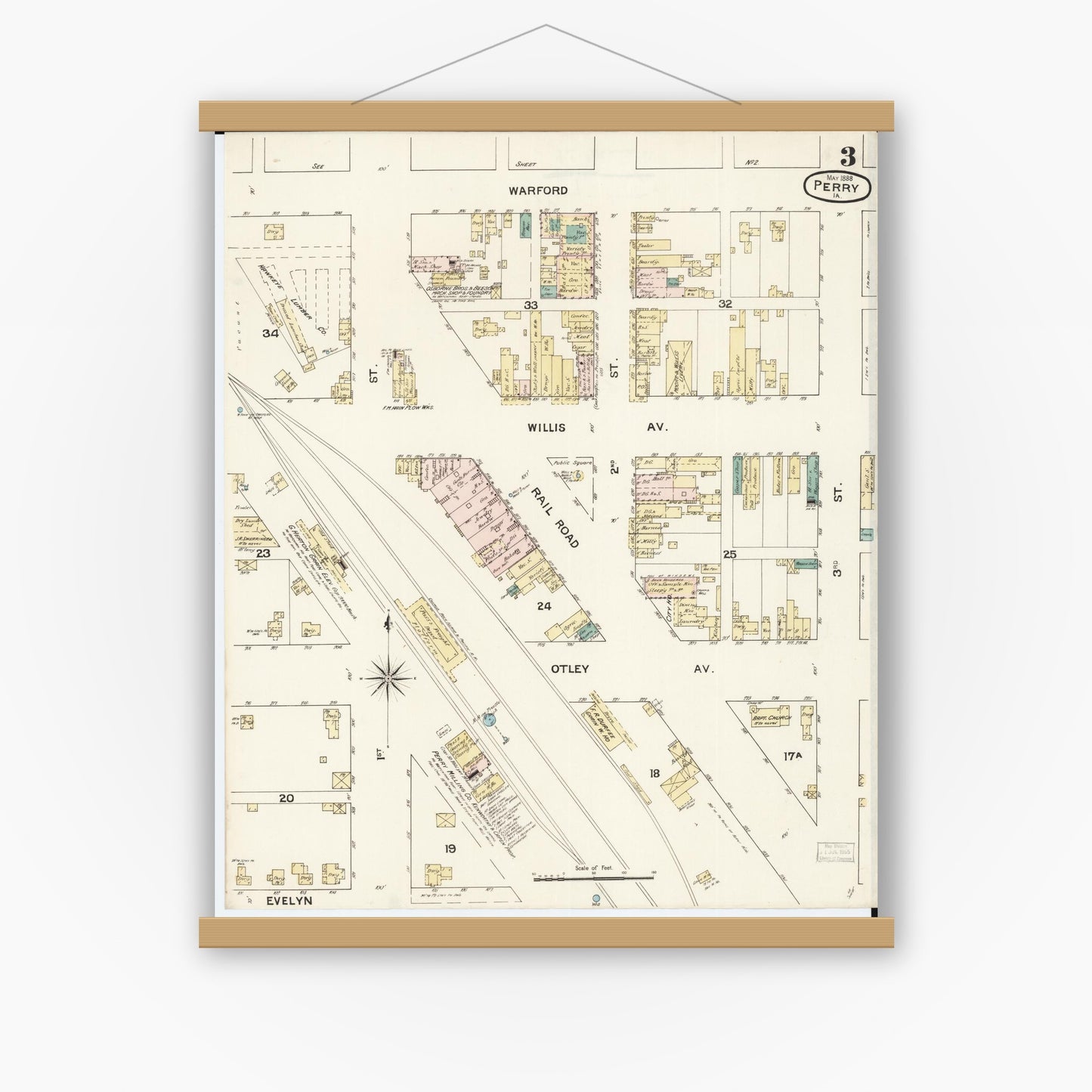 Old map wall art mockup — magnetic wood frame on white wall — Sanborn Fire Insurance Map from Perry, Dallas County, Iowa (1888), Sheet #0003