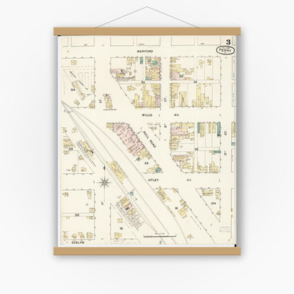 Old map wall art mockup — magnetic wood frame on white wall — Sanborn Fire Insurance Map from Perry, Dallas County, Iowa (1888), Sheet #0003
