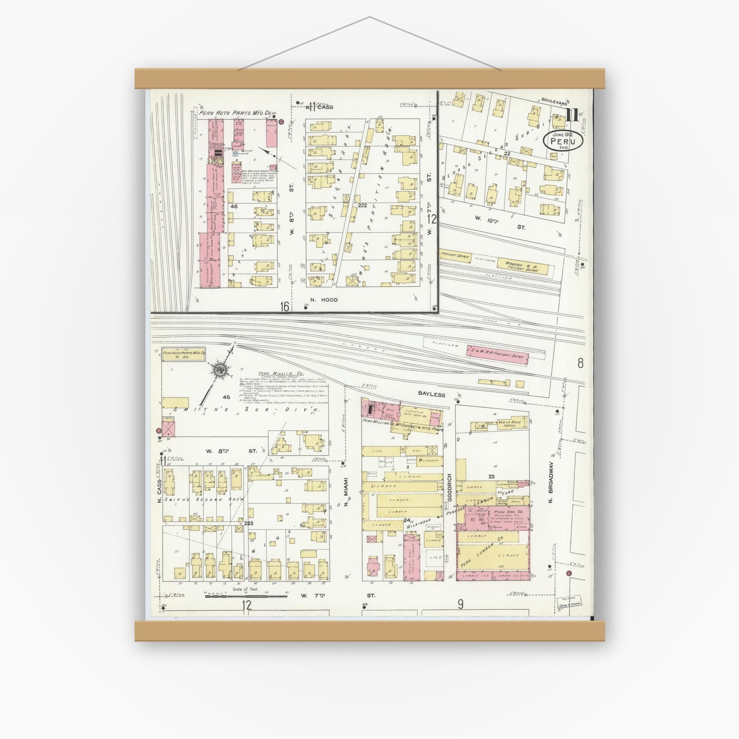 Old map wall art mockup — magnetic wood frame on white wall — Sanborn Fire Insurance Map from Peru, Miami County, Indiana (1912), Sheet #0011