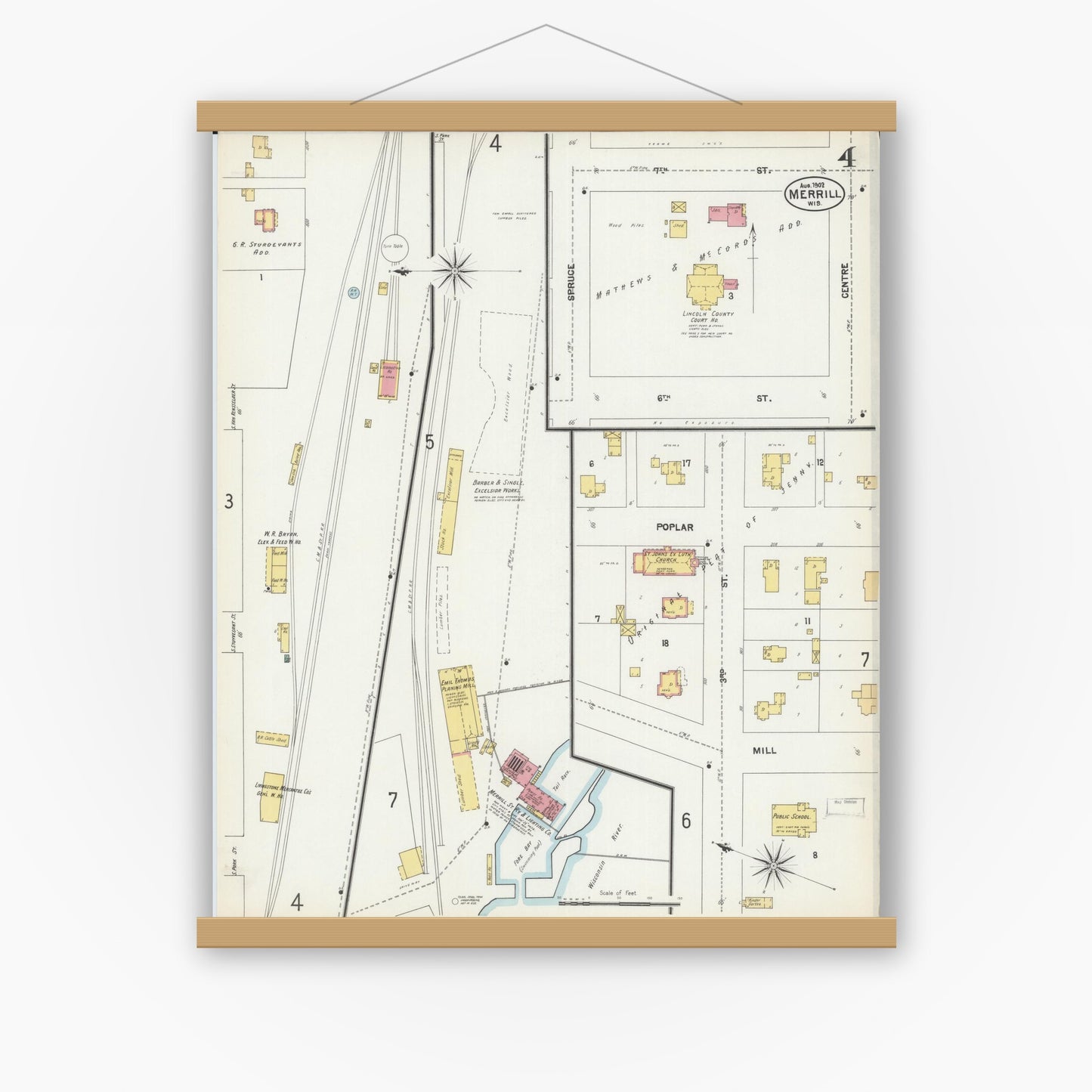 Old map wall art mockup — magnetic wood frame on white wall — Sanborn Fire Insurance Map from Merrill, Lincoln County, Wisconsin (1902), Sheet #0004