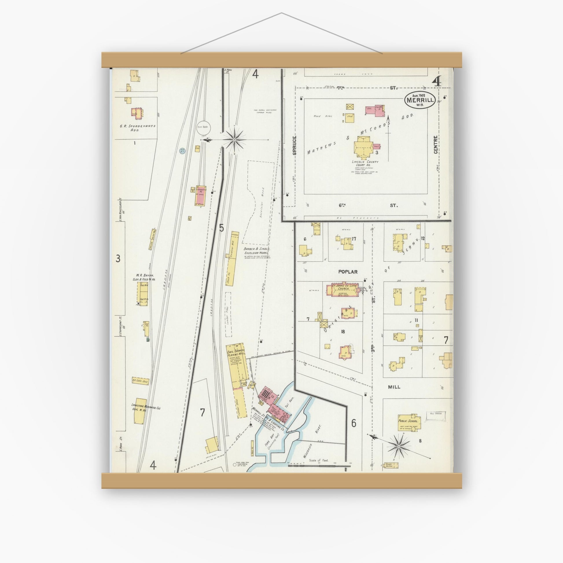 Old map wall art mockup — magnetic wood frame on white wall — Sanborn Fire Insurance Map from Merrill, Lincoln County, Wisconsin (1902), Sheet #0004