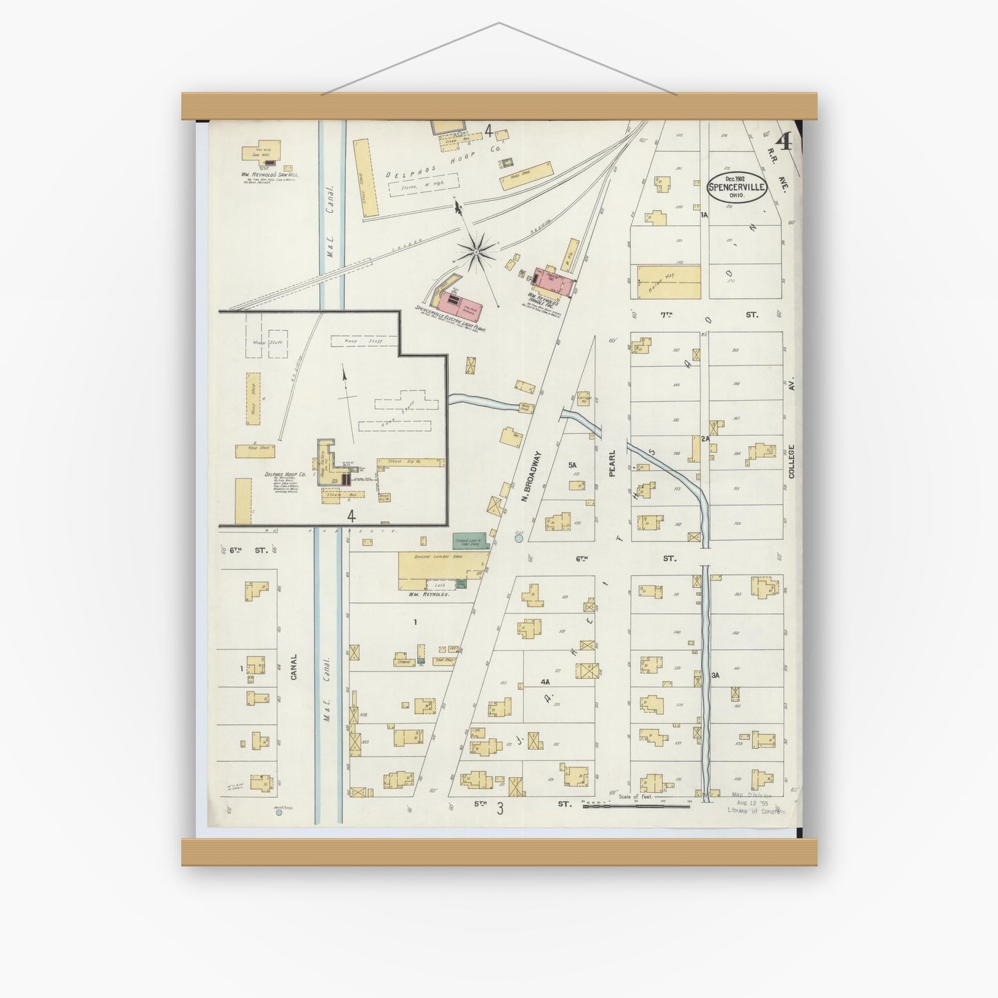 Old map wall art mockup — magnetic wood frame on white wall — Sanborn Fire Insurance Map from Spencerville, Allen County, Ohio (1902), Sheet #0004
