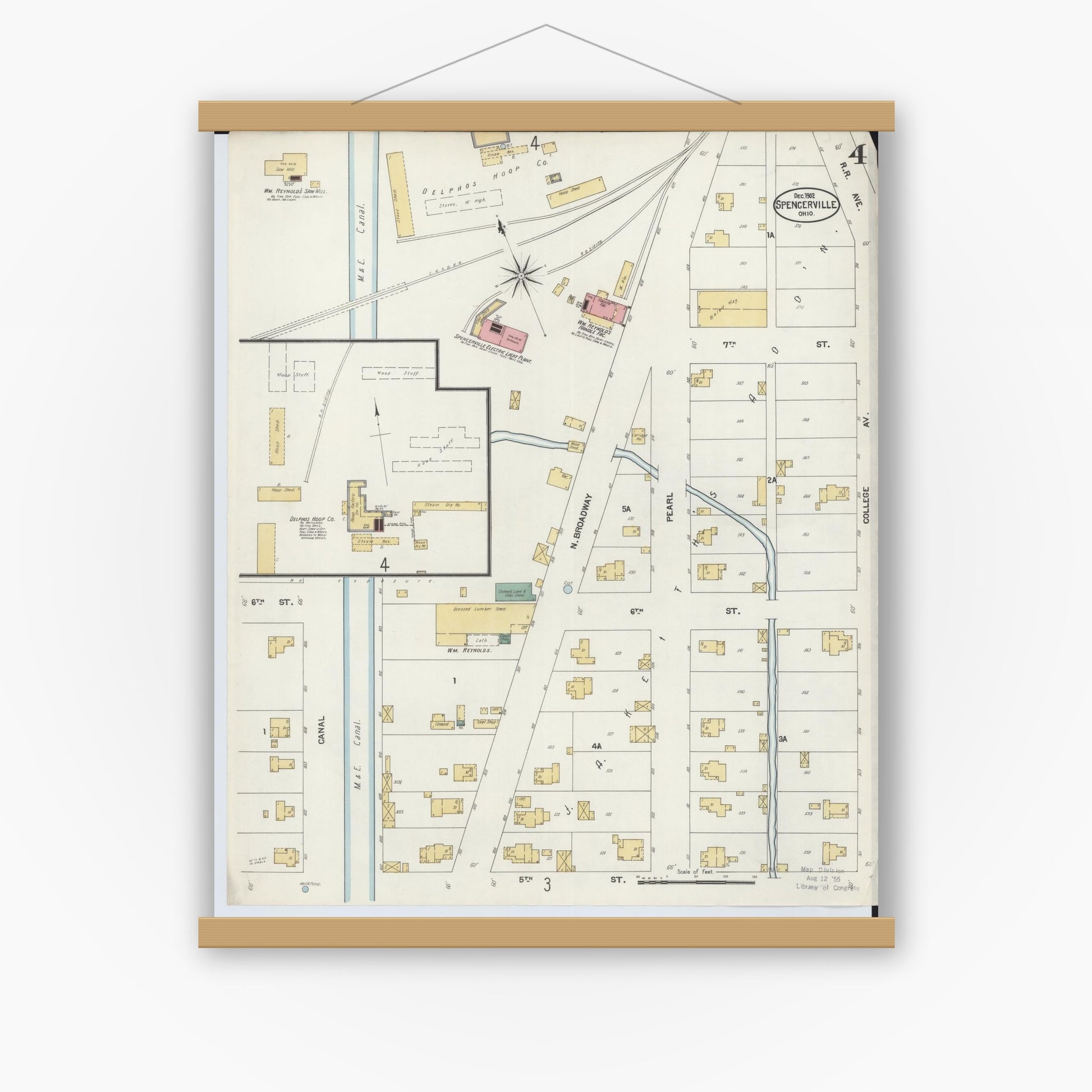Old map wall art mockup — magnetic wood frame on white wall — Sanborn Fire Insurance Map from Spencerville, Allen County, Ohio (1902), Sheet #0004