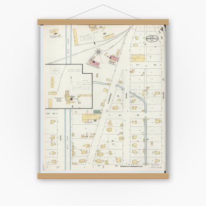 Old map wall art mockup — magnetic wood frame on white wall — Sanborn Fire Insurance Map from Spencerville, Allen County, Ohio (1902), Sheet #0004