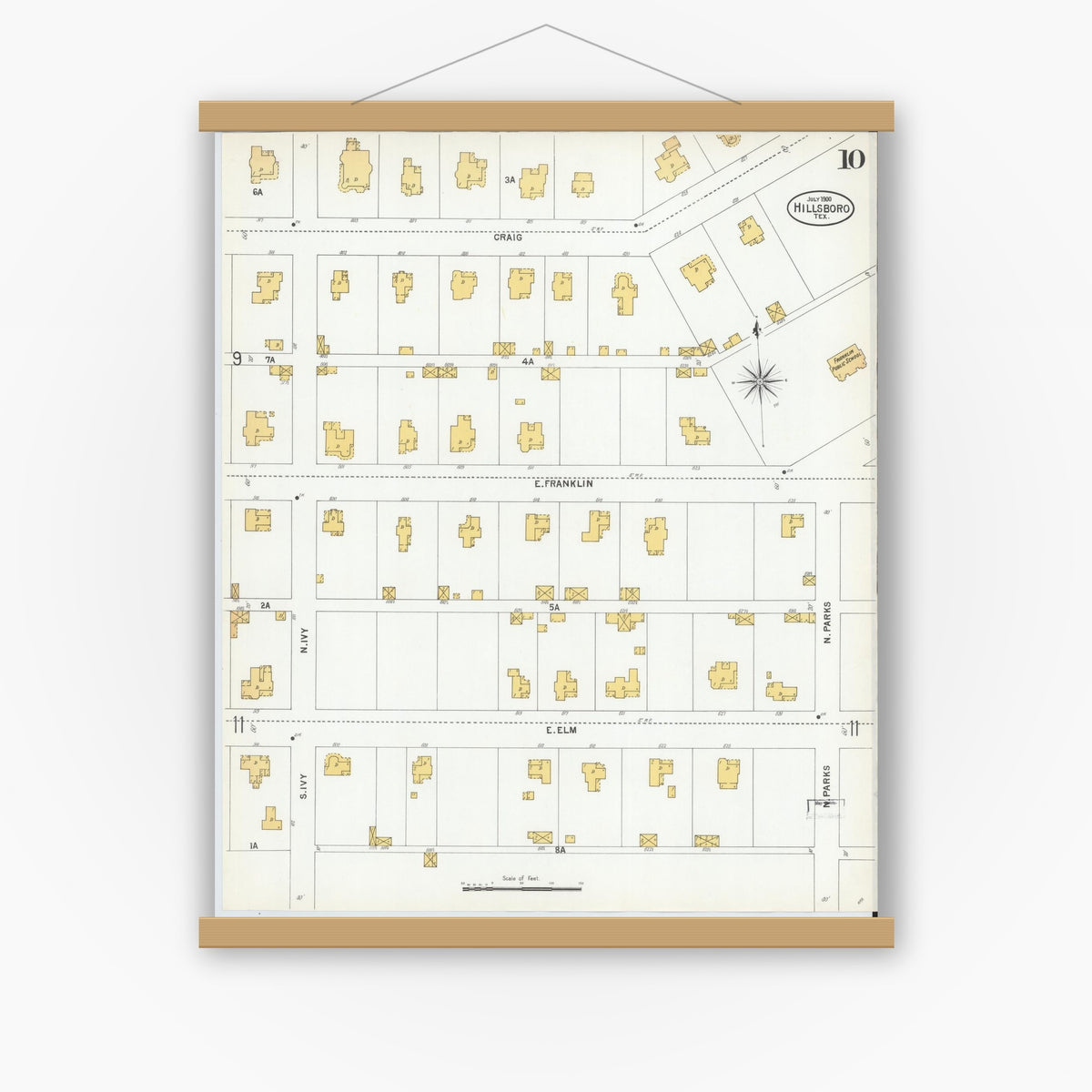 Old map wall art mockup — magnetic wood frame on white wall — Sanborn Fire Insurance Map from Hillsboro, Hill County, Texas (1900), Sheet #0010