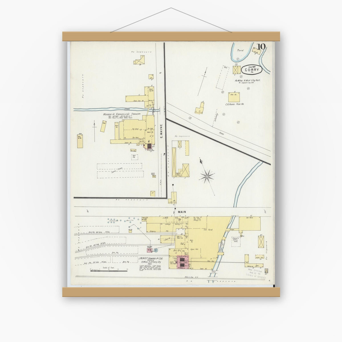 Old map wall art mockup — magnetic wood frame on white wall — Sanborn Fire Insurance Map from Corry, Erie County, Pennsylvania (1897), Sheet #0010