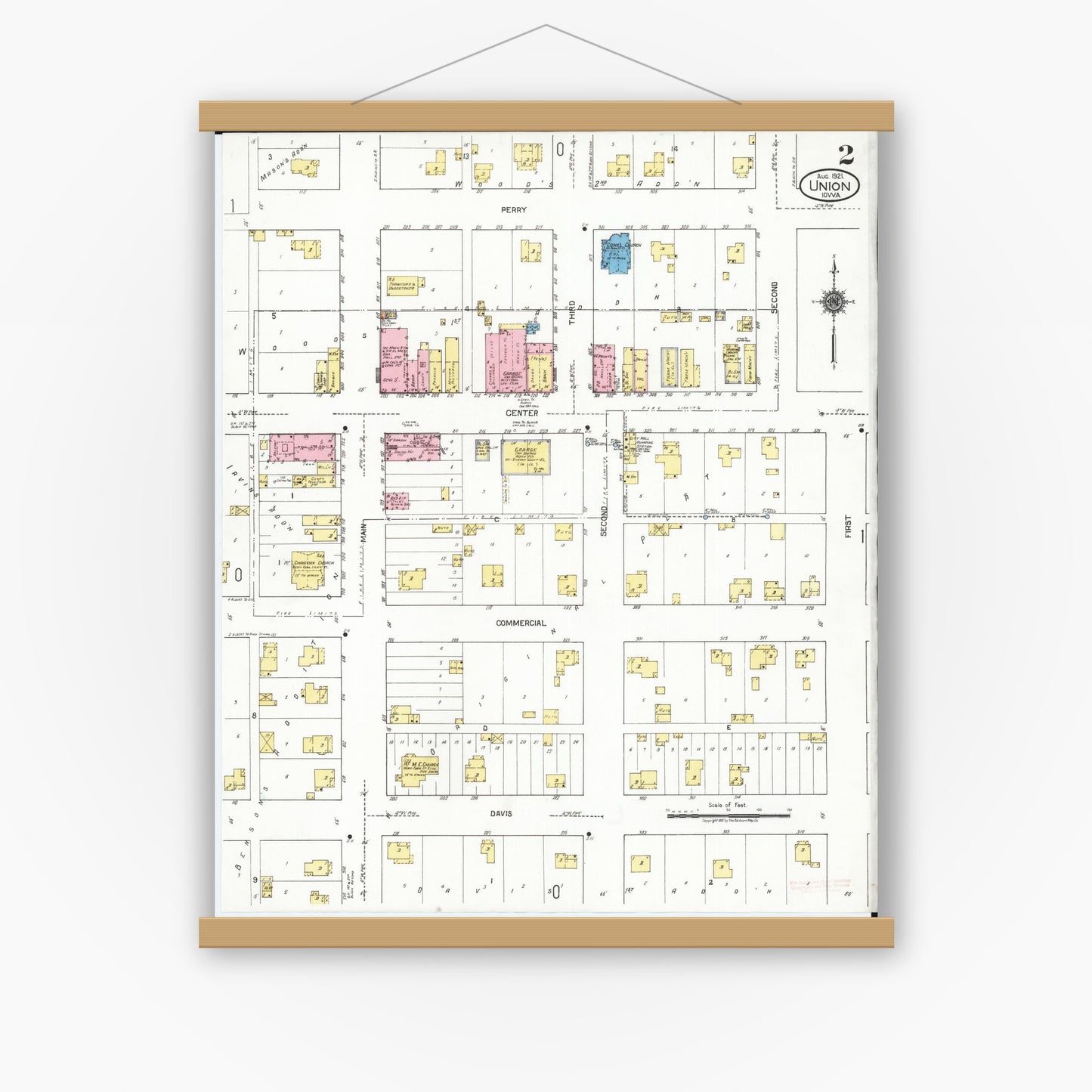 Old map wall art mockup — magnetic wood frame on white wall — Sanborn Fire Insurance Map from Union, Hardin County, Iowa (1921), Sheet #0002