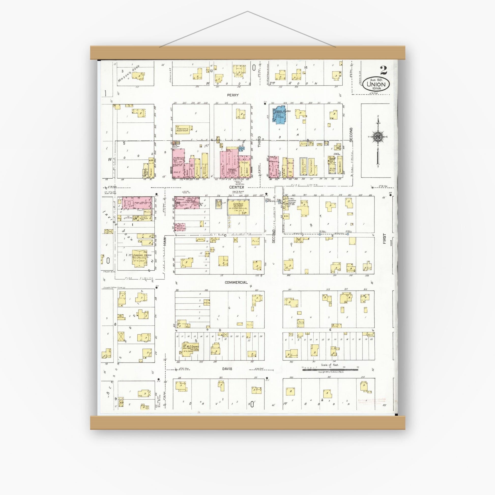 Old map wall art mockup — magnetic wood frame on white wall — Sanborn Fire Insurance Map from Union, Hardin County, Iowa (1921), Sheet #0002