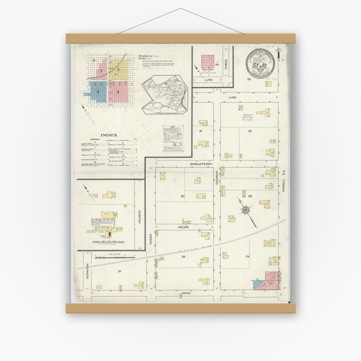 Old map wall art mockup — magnetic wood frame on white wall — Sanborn Fire Insurance Map from Saint Jo, Montague County, Texas (1914), Sheet #0001