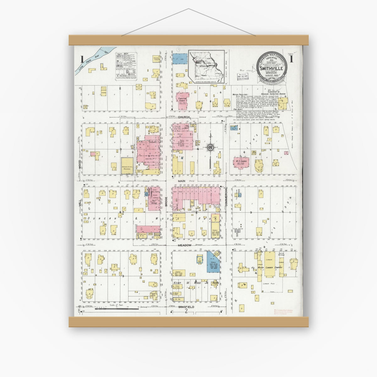 Old map wall art mockup — magnetic wood frame on white wall — Sanborn Fire Insurance Map from Smithville, Clay County, Missouri (1928) - Complete Map Set