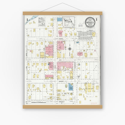 Old map wall art mockup — magnetic wood frame on white wall — Sanborn Fire Insurance Map from Smithville, Clay County, Missouri (1928) - Complete Map Set