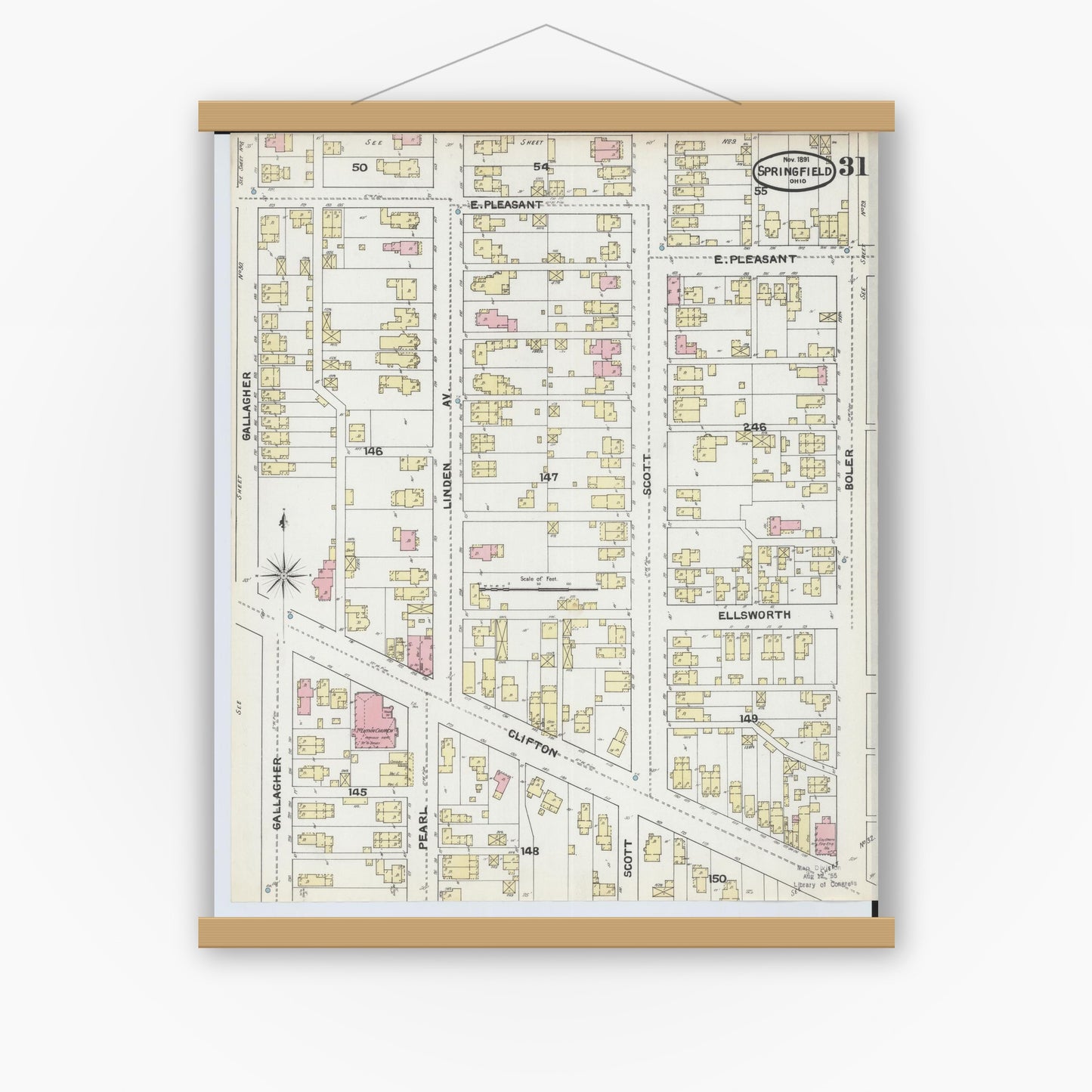 Old map wall art mockup — magnetic wood frame on white wall — Sanborn Fire Insurance Map from Springfield, Clark County, Ohio (1891), Sheet #0031