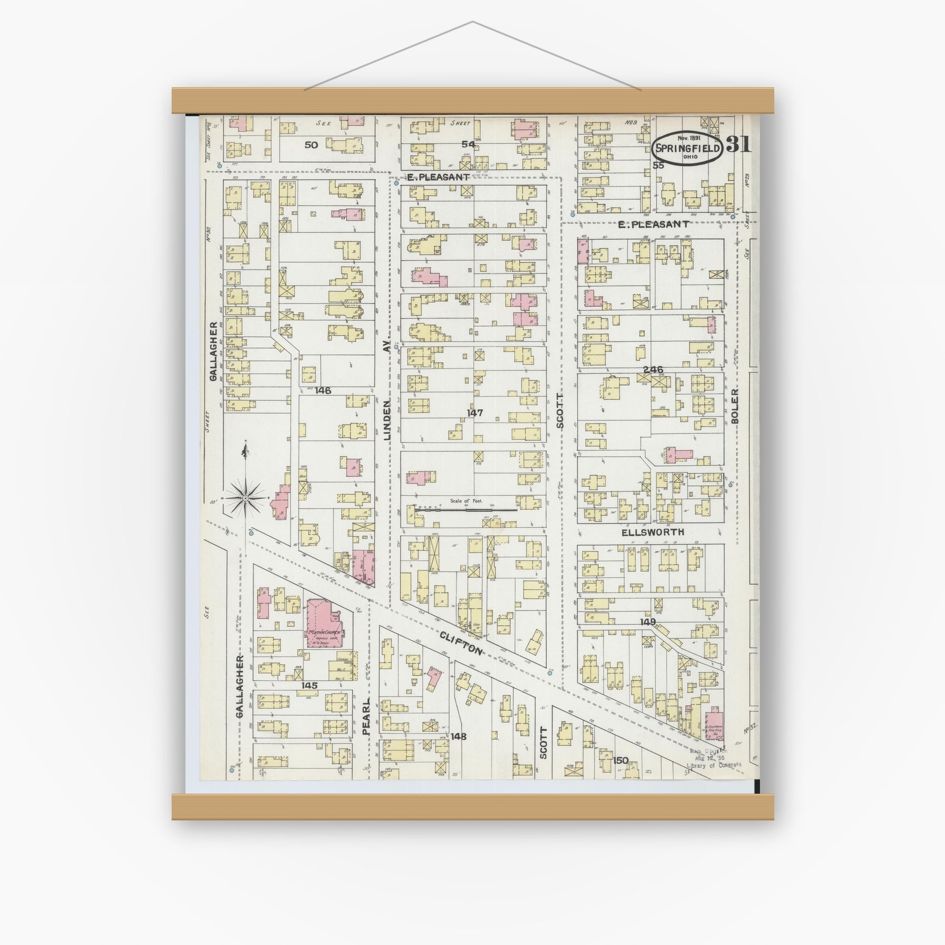 Old map wall art mockup — magnetic wood frame on white wall — Sanborn Fire Insurance Map from Springfield, Clark County, Ohio (1891), Sheet #0031