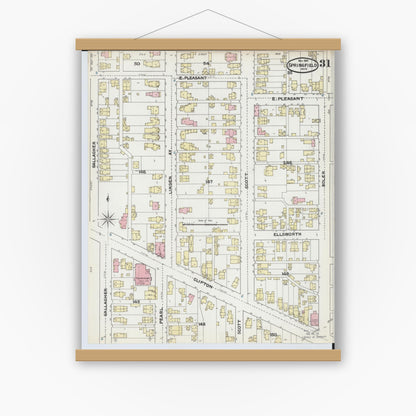 Old map wall art mockup — magnetic wood frame on white wall — Sanborn Fire Insurance Map from Springfield, Clark County, Ohio (1891), Sheet #0031