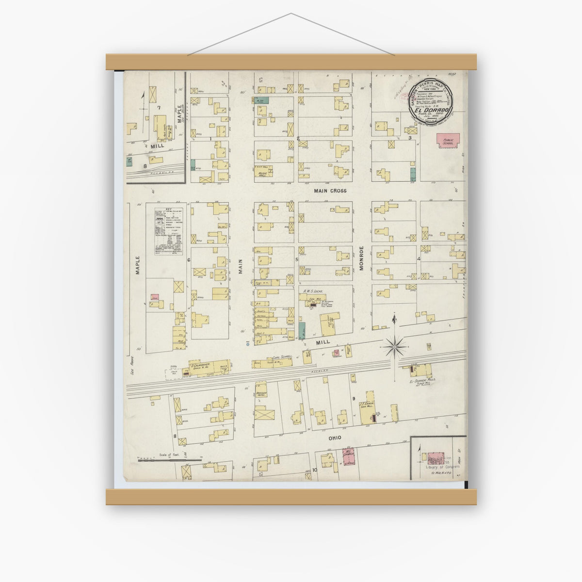 Old map wall art mockup — magnetic wood frame on white wall — Sanborn Fire Insurance Map from El Dorado, Preble County, Ohio (1885), Sheet #0001