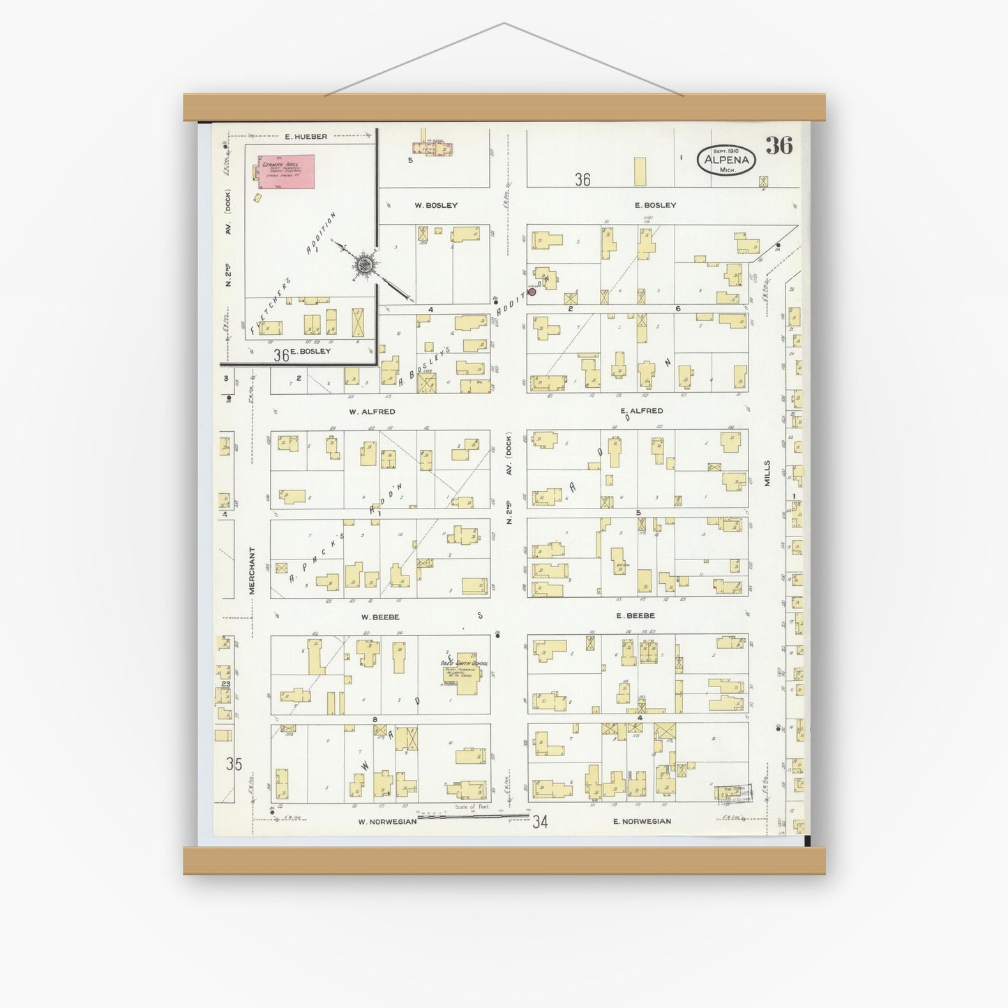 Old map wall art mockup — magnetic wood frame on white wall — Sanborn Fire Insurance Map from Alpena, Alpena County, Michigan (1910), Sheet #0036