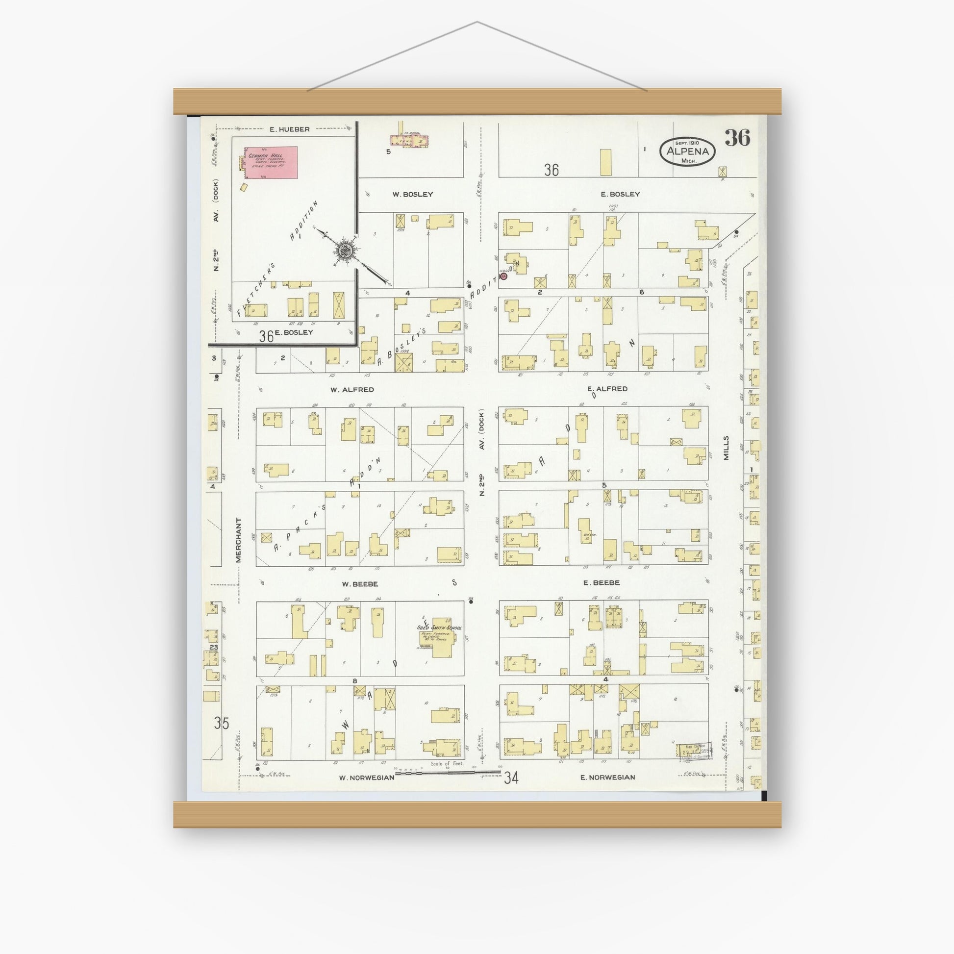 Old map wall art mockup — magnetic wood frame on white wall — Sanborn Fire Insurance Map from Alpena, Alpena County, Michigan (1910), Sheet #0036