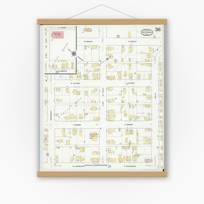 Old map wall art mockup — magnetic wood frame on white wall — Sanborn Fire Insurance Map from Alpena, Alpena County, Michigan (1910), Sheet #0036