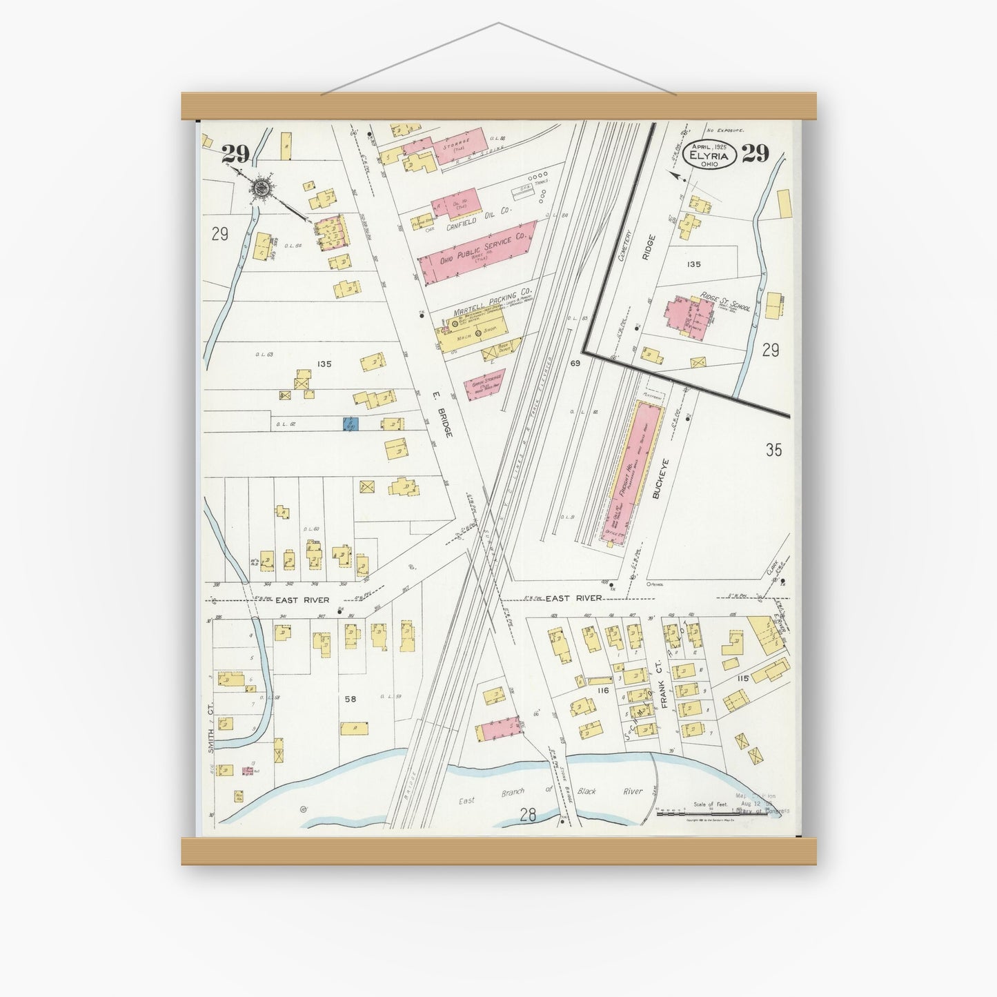 Old map wall art mockup — magnetic wood frame on white wall — Sanborn Fire Insurance Map from Elyria, Lorain County, Ohio (1925), Sheet #0029