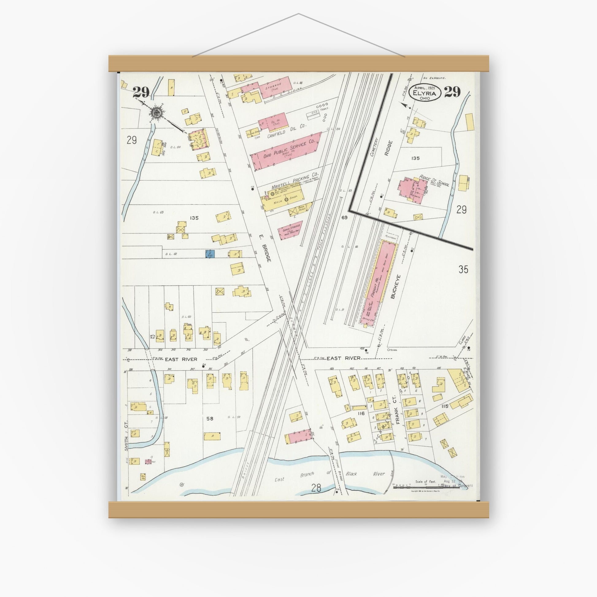 Old map wall art mockup — magnetic wood frame on white wall — Sanborn Fire Insurance Map from Elyria, Lorain County, Ohio (1925), Sheet #0029