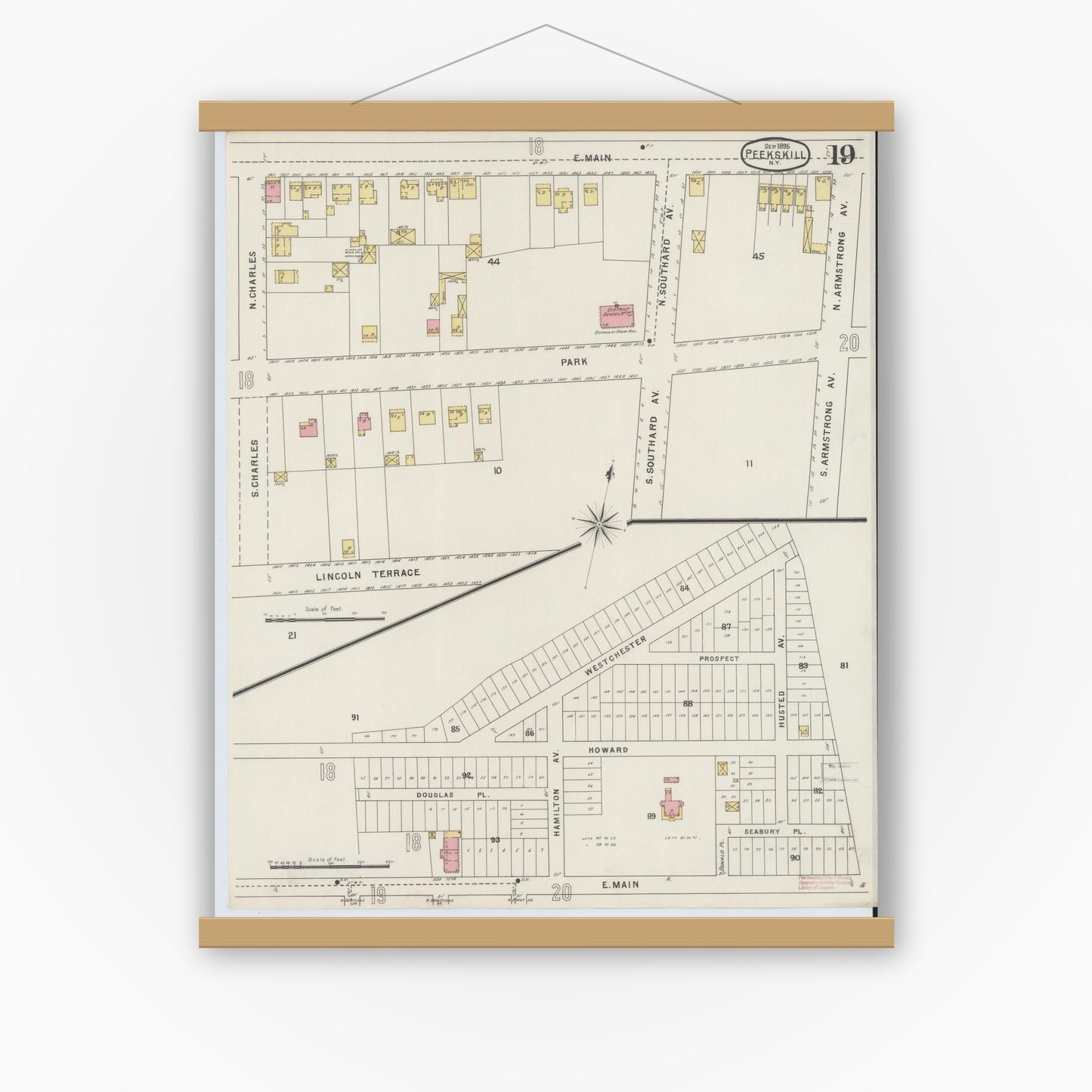 Old map wall art mockup — magnetic wood frame on white wall — Sanborn Fire Insurance Map from Peekskill, Westchester County, New York (1895), Sheet #0019