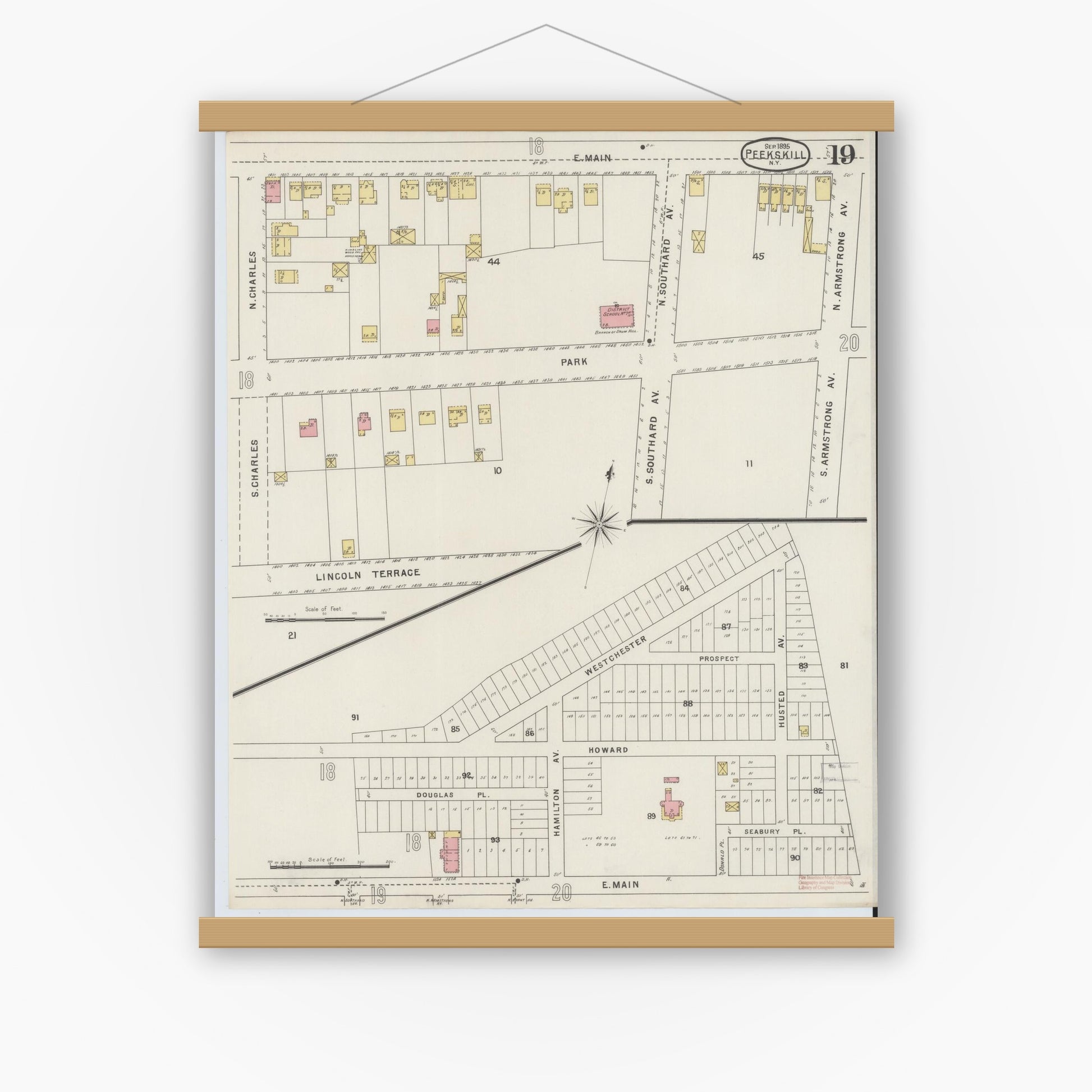 Old map wall art mockup — magnetic wood frame on white wall — Sanborn Fire Insurance Map from Peekskill, Westchester County, New York (1895), Sheet #0019