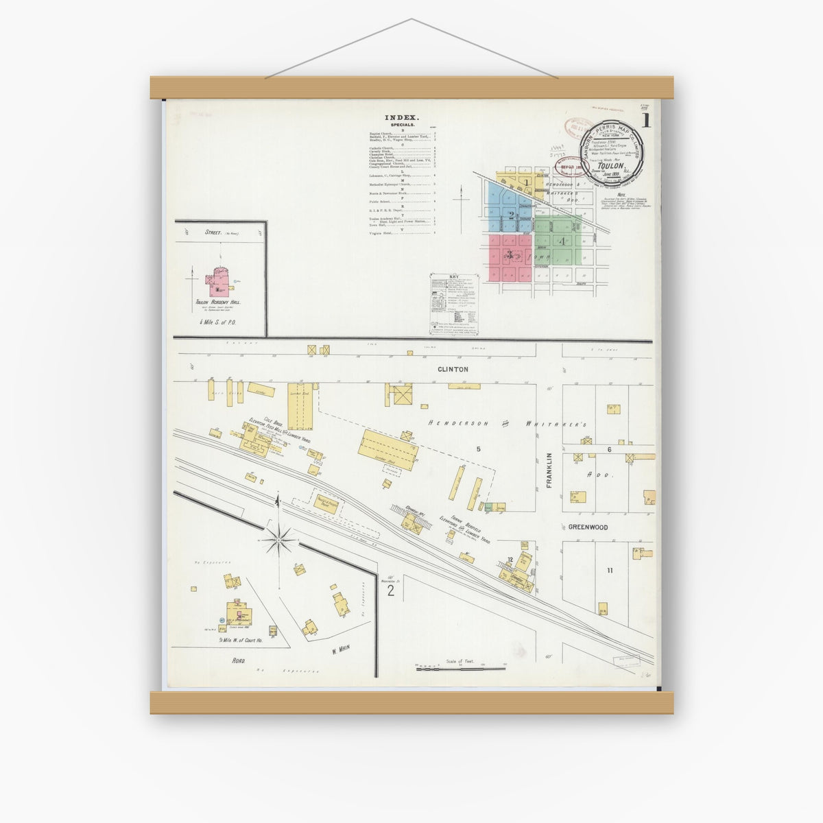 Old map wall art mockup — magnetic wood frame on white wall — Sanborn Fire Insurance Map from Toulon, Stark County, Illinois (1899), Sheet #0001