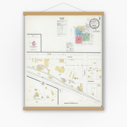 Old map wall art mockup — magnetic wood frame on white wall — Sanborn Fire Insurance Map from Toulon, Stark County, Illinois (1899), Sheet #0001