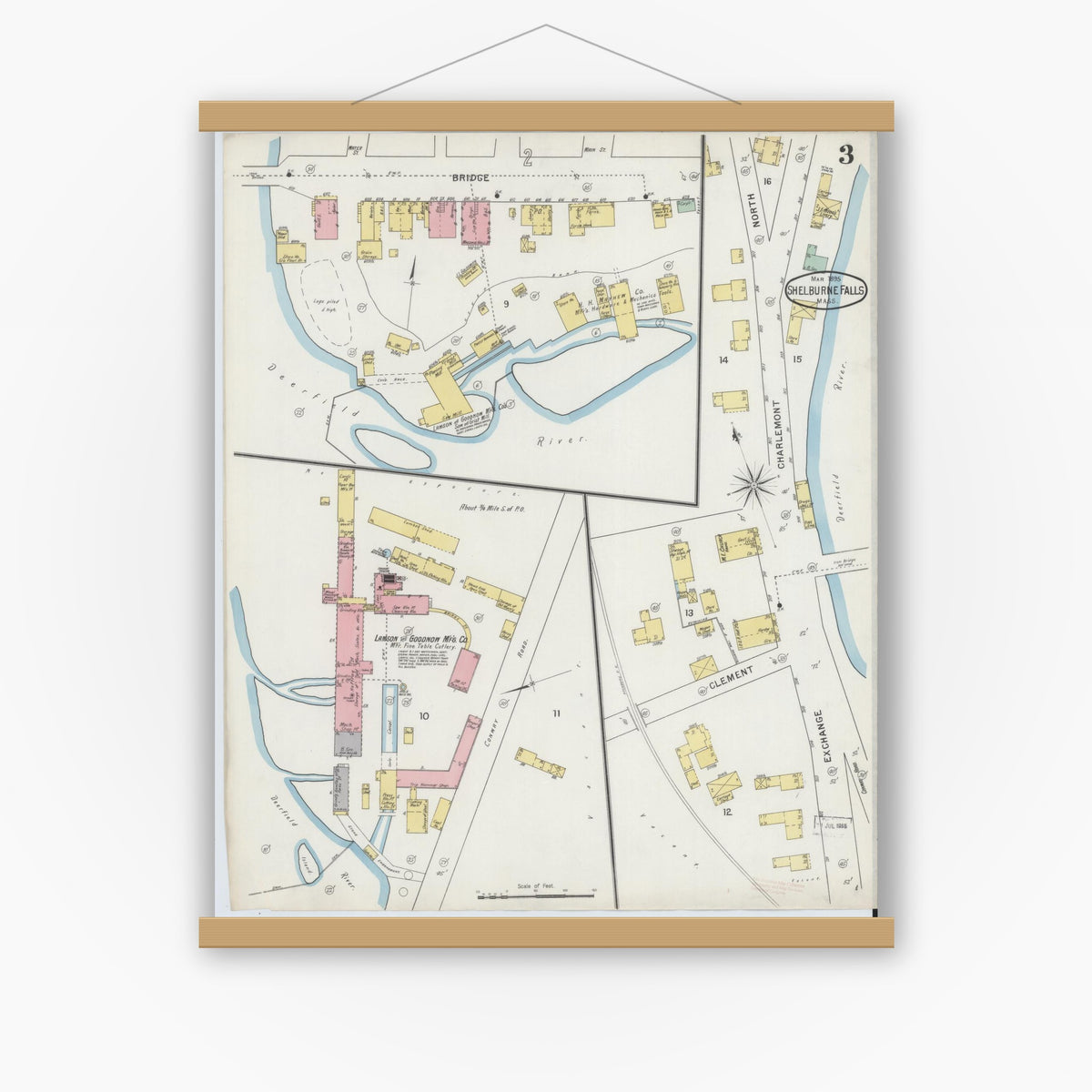 Old map wall art mockup — magnetic wood frame on white wall — Sanborn Fire Insurance Map from Shelburne Falls, Franklin County, Massachusetts (1895), Sheet #0003