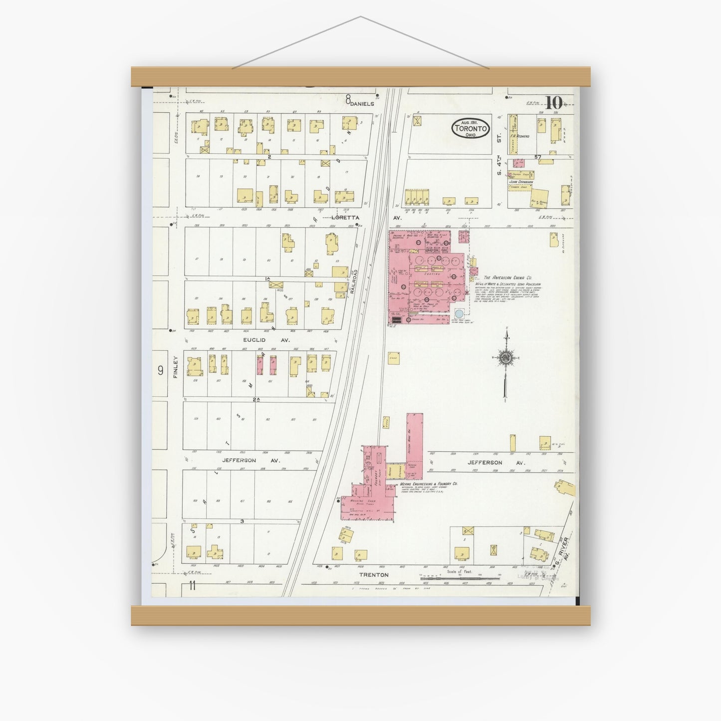 Old map wall art mockup — magnetic wood frame on white wall — Sanborn Fire Insurance Map from Toronto, Jefferson County, Ohio (1911), Sheet #0010