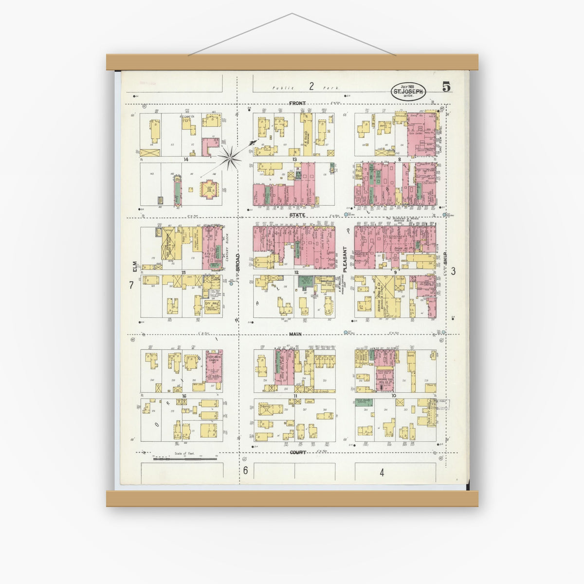 Old map wall art mockup — magnetic wood frame on white wall — Sanborn Fire Insurance Map from Saint Joseph, Berrien County, Michigan (1902), Sheet #0005