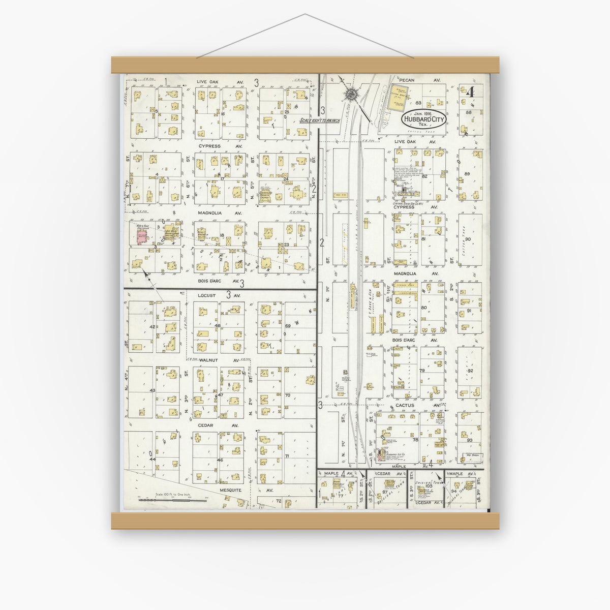 Old map wall art mockup — magnetic wood frame on white wall — Sanborn Fire Insurance Map from Hubbard, Hill County, Texas (1916), Sheet #0004