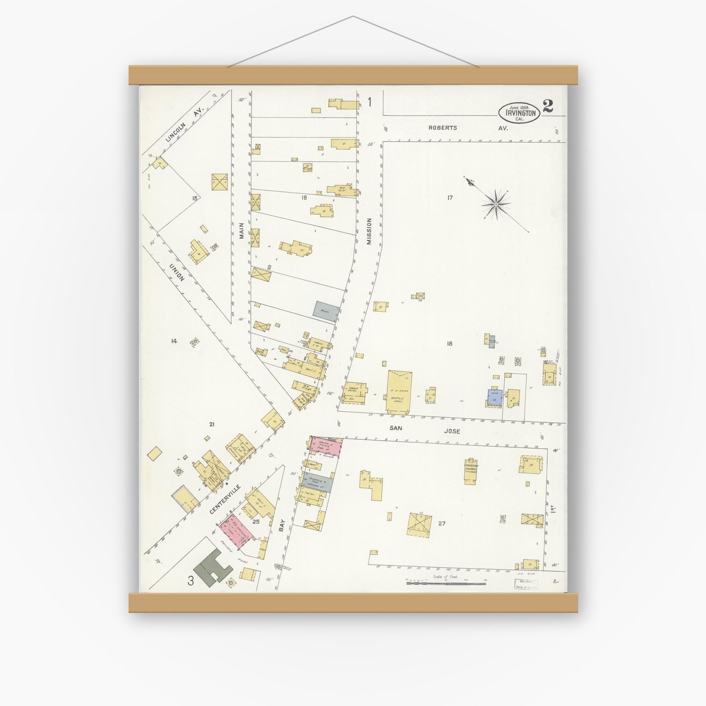 Old map wall art mockup — magnetic wood frame on white wall — Sanborn Fire Insurance Map from Irvington, Alameda County, California (1908), Sheet #0002