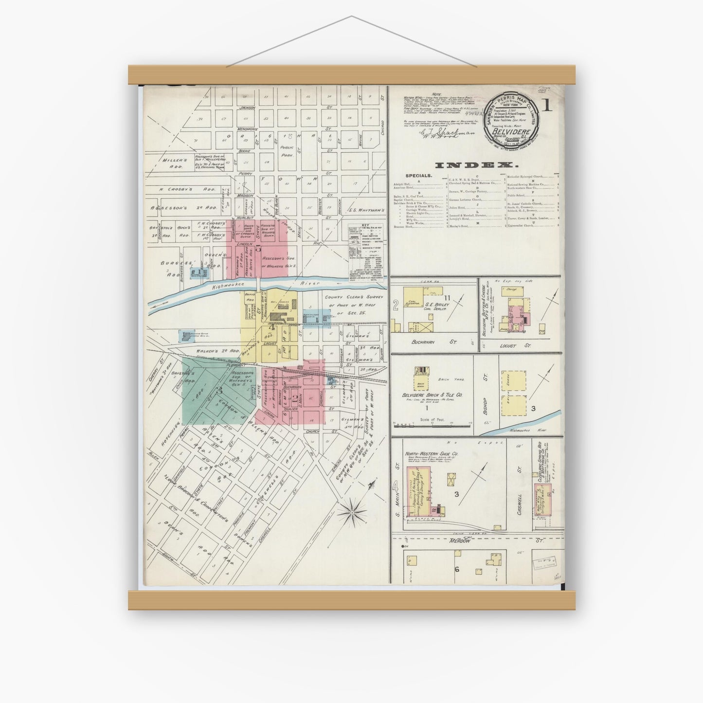 Old map wall art mockup — magnetic wood frame on white wall — Sanborn Fire Insurance Map from Belvidere, Boone County, Illinois (1892) - Complete Map Set
